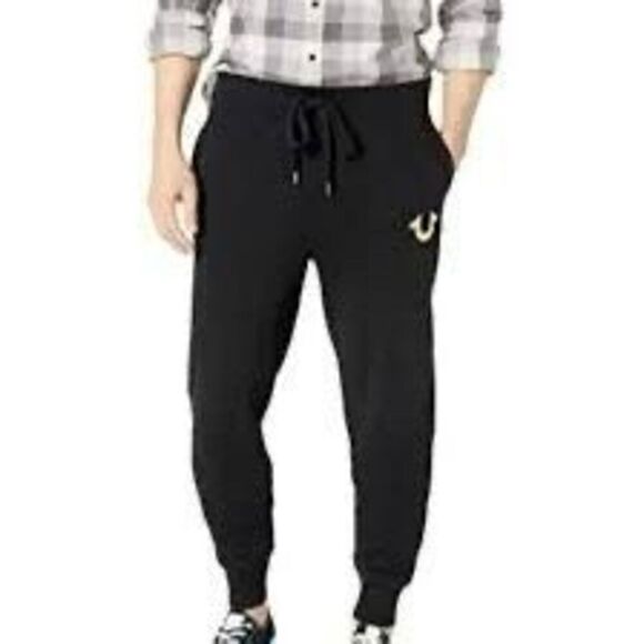 True Religion Black Gold Logo Drawstring Cotton Tapered Cuff Sweatpants Large - Picture 1 of 9